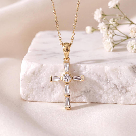 Genuine Diamond Baguette Cross Pendant, 14k Solid White Gold, April Birthstone, Gift for Her
