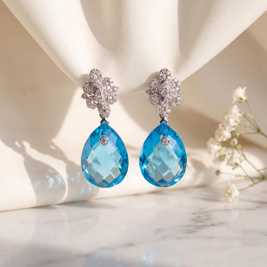 Genuine Blue Topaz and Diamond Teardrop Dangle Earrings, 14k Solid White Gold, Statement Earrings