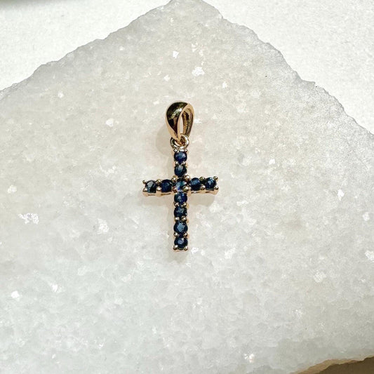 Genuine Sapphire Cross Pendant (Mini) / 14K Solid Gold
