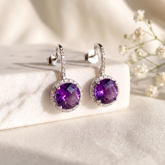 14k White Gold Amethyst Diamond Halo Stud Earrings, February Birthstone Gift
