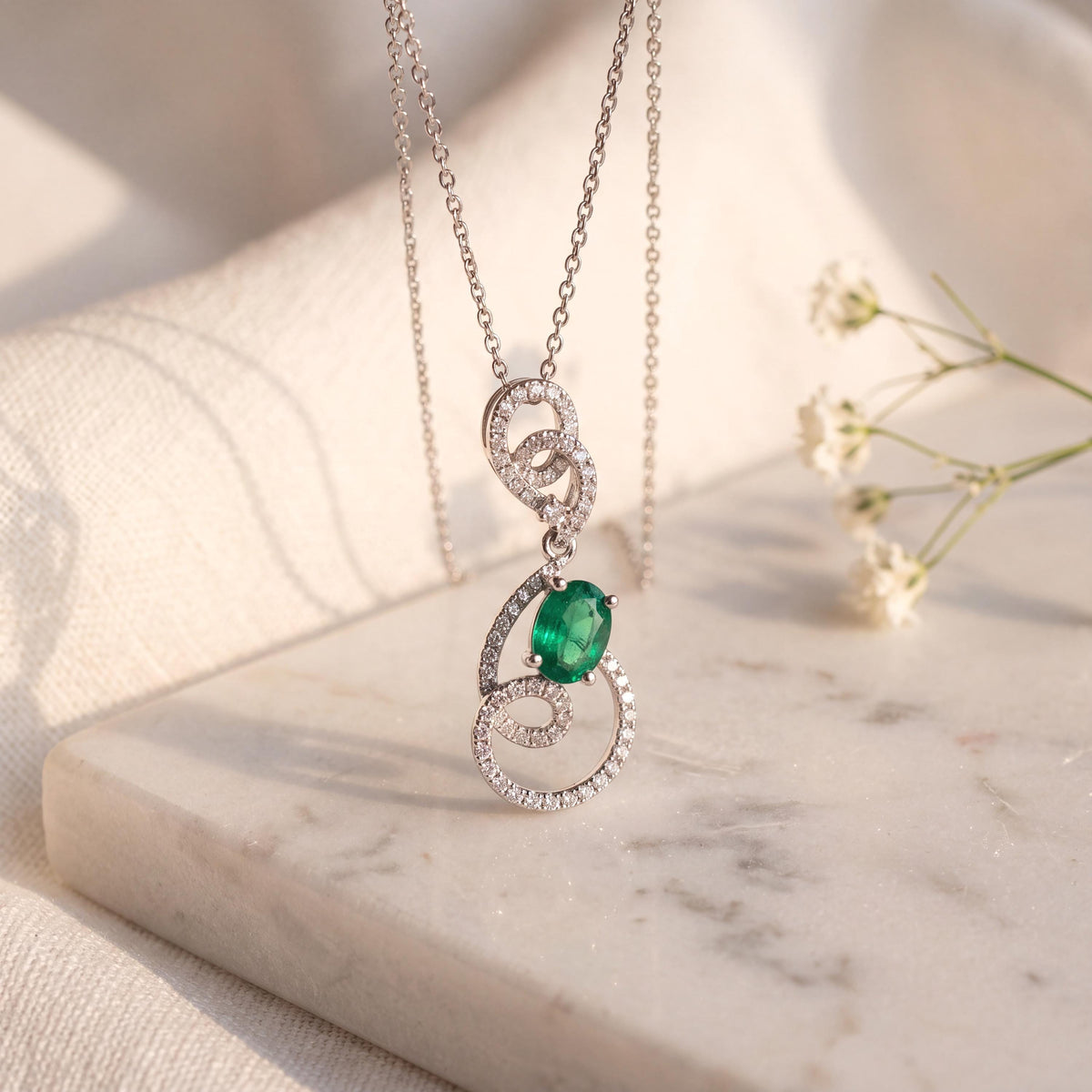 Genuine Emerald and Diamond Oval Cut Swirl Halo Pendant, 14k Solid White Gold, May Birthstone