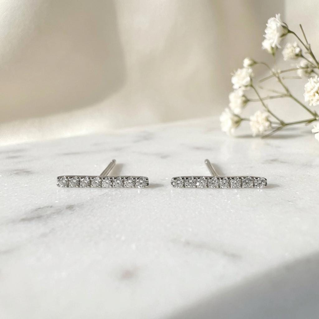14k Solid Gold Diamond Bar Stud Earrings, April Birthstone, Everyday Wear