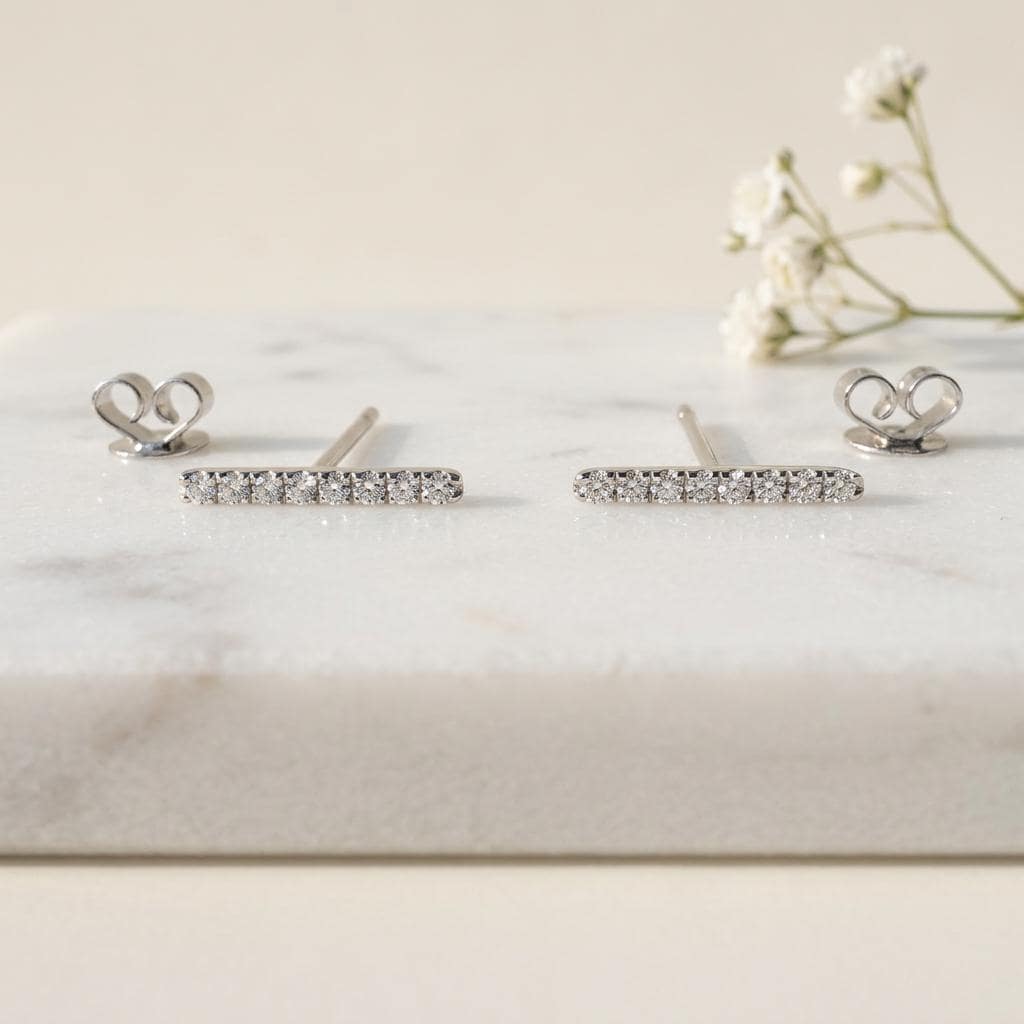 14k Solid Gold Diamond Bar Stud Earrings, April Birthstone, Everyday Wear