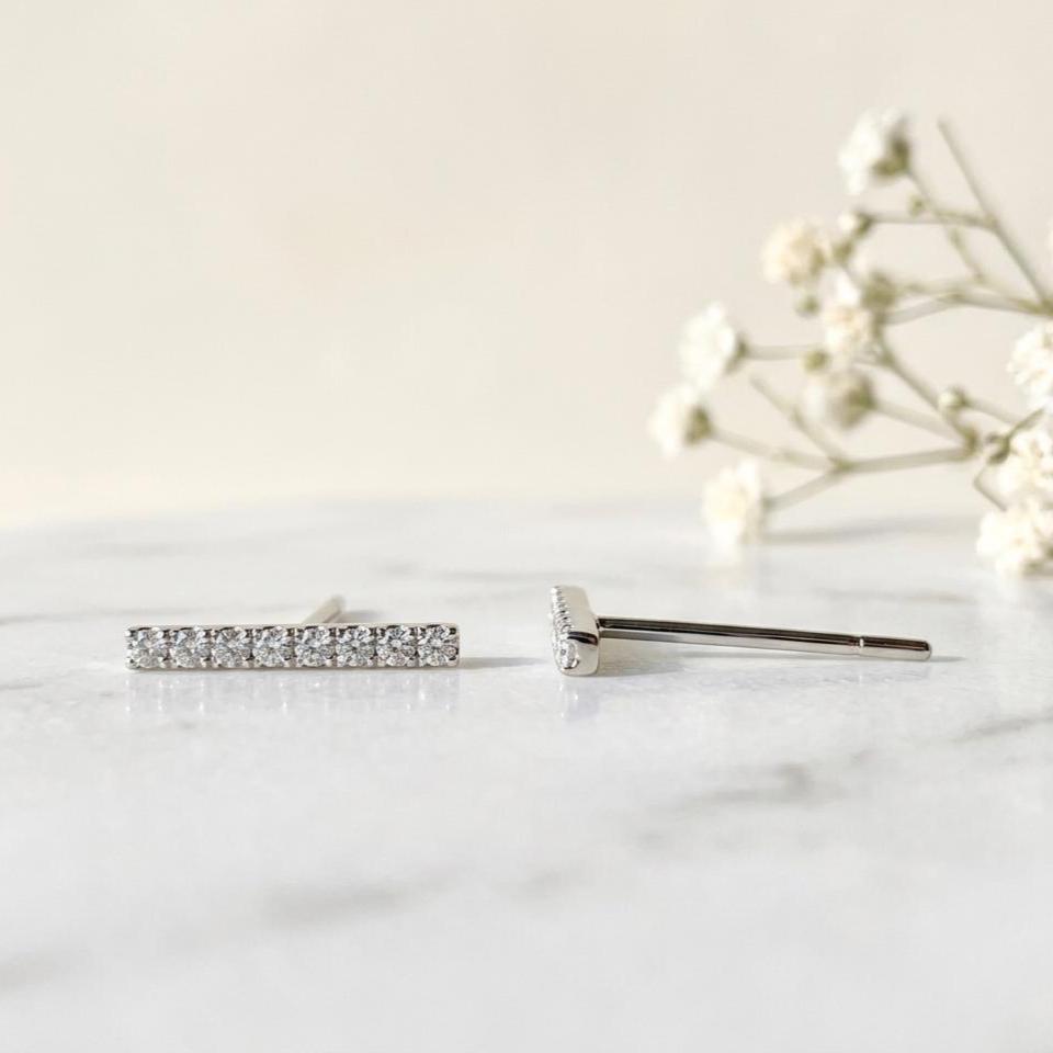 14k Solid Gold Diamond Bar Stud Earrings, April Birthstone, Everyday Wear