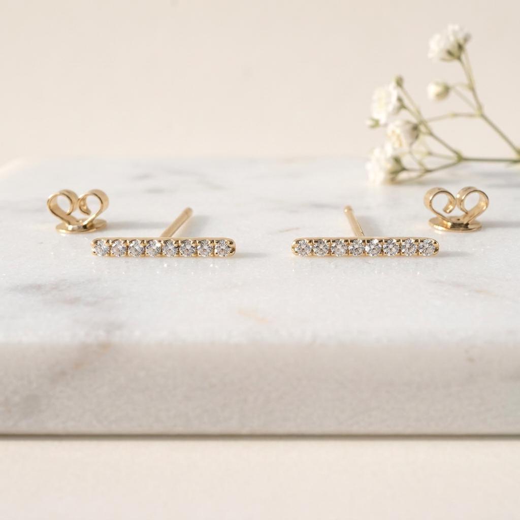 14k Solid Gold Diamond Bar Stud Earrings, April Birthstone, Everyday Wear