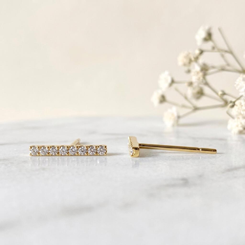 14k Solid Gold Diamond Bar Stud Earrings, April Birthstone, Everyday Wear
