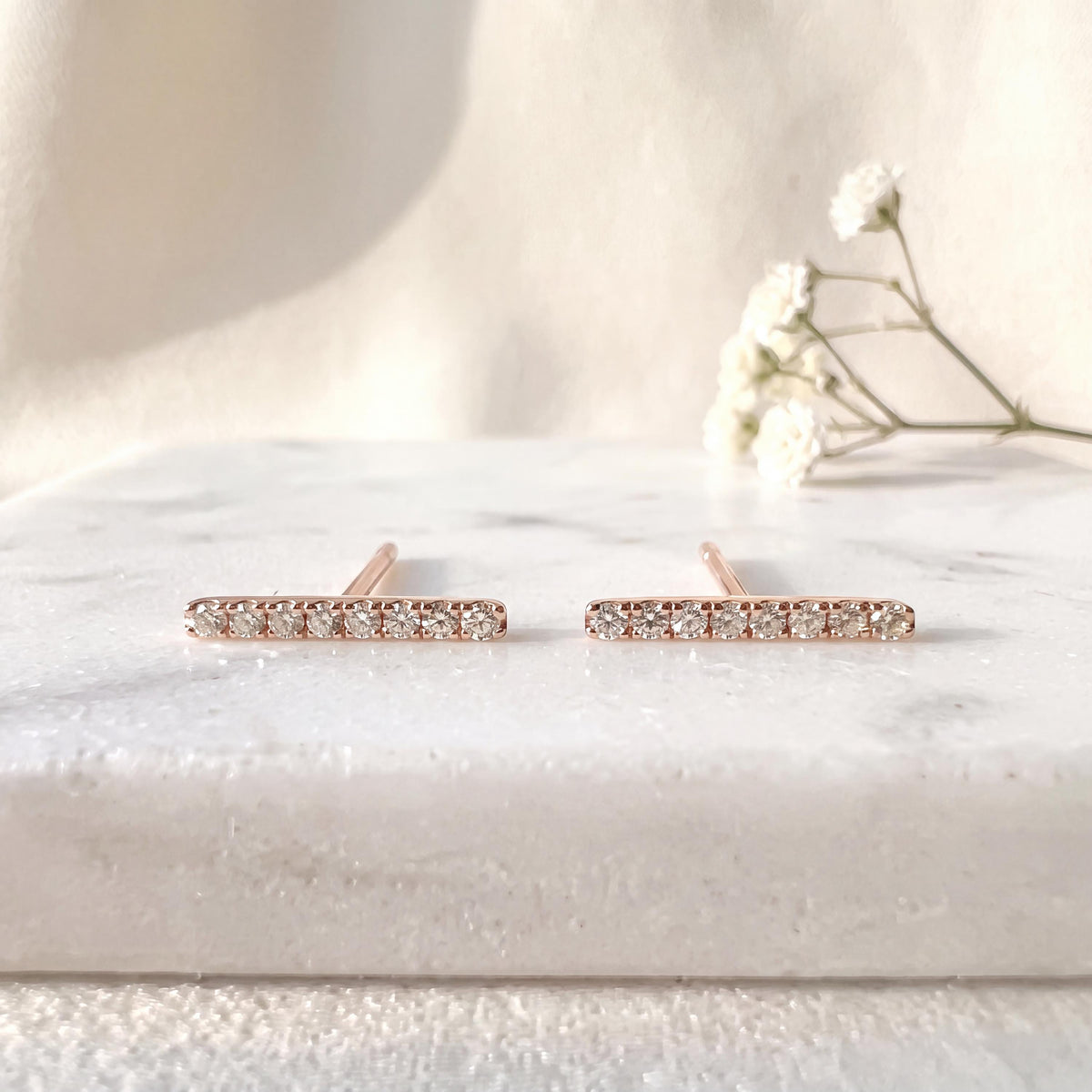 14k Solid Gold Diamond Bar Stud Earrings, April Birthstone, Everyday Wear