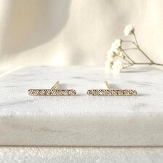 14k Solid Gold Diamond Bar Stud Earrings, April Birthstone, Everyday Wear