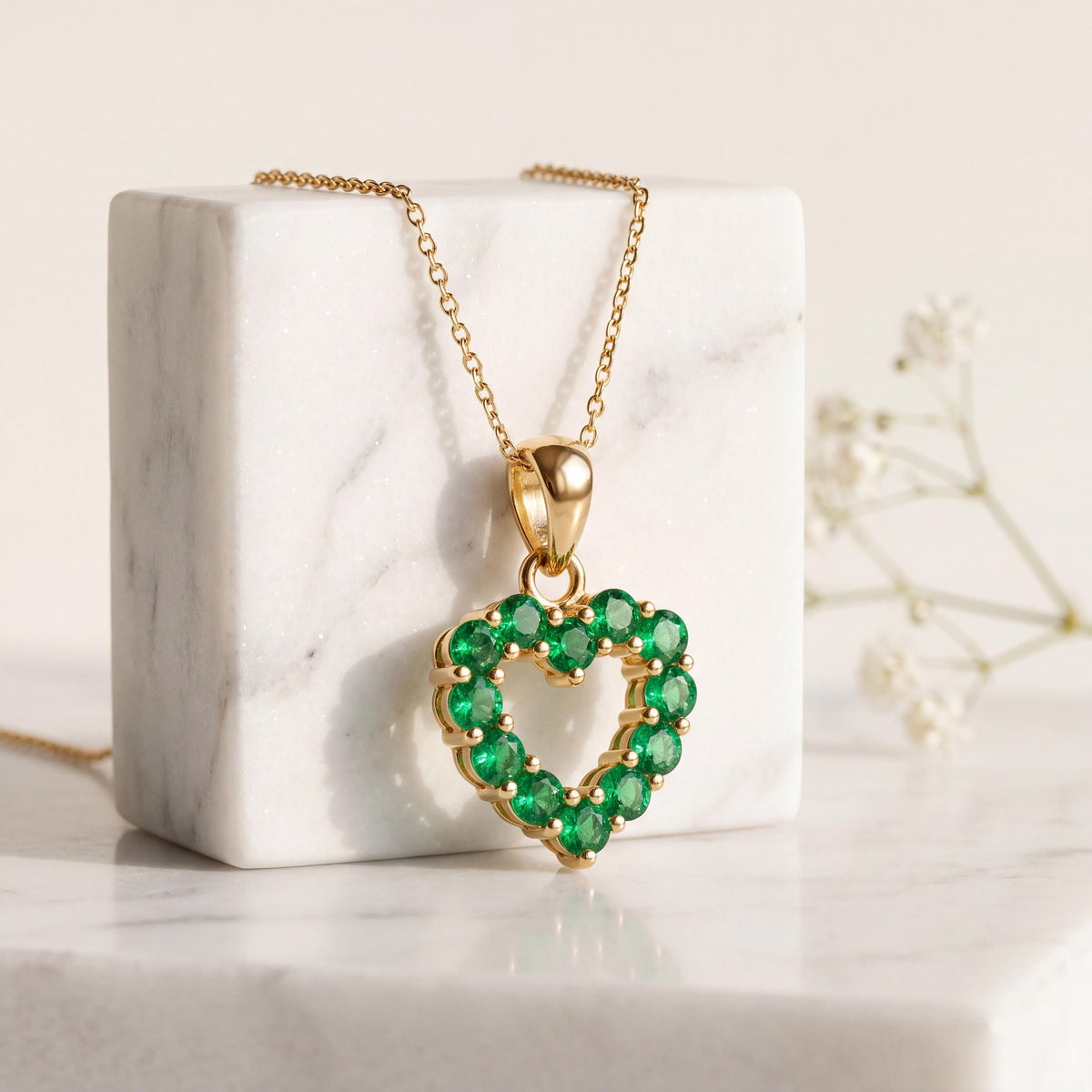 14k Solid Gold Emerald Heart Outline Pendant, Natural Emeralds, May Birthstone Gift