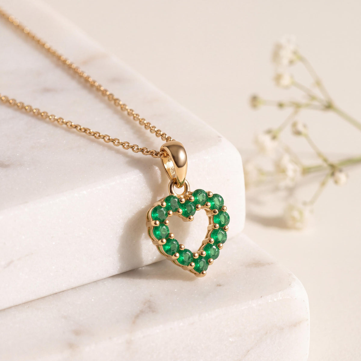 14k Solid Gold Emerald Heart Outline Pendant, Natural Emeralds, May Birthstone Gift