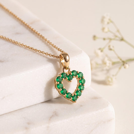 14k Solid Gold Emerald Heart Outline Pendant, Natural Emeralds, May Birthstone Gift