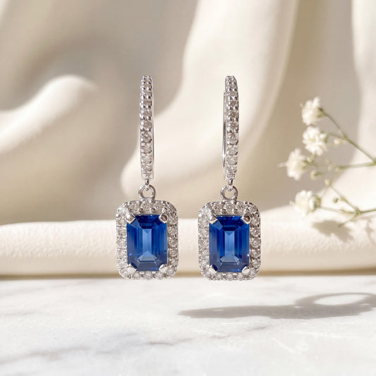 14k White Gold Sapphire Diamond Halo Dangle Hoop Earrings, September Birthstone Gift