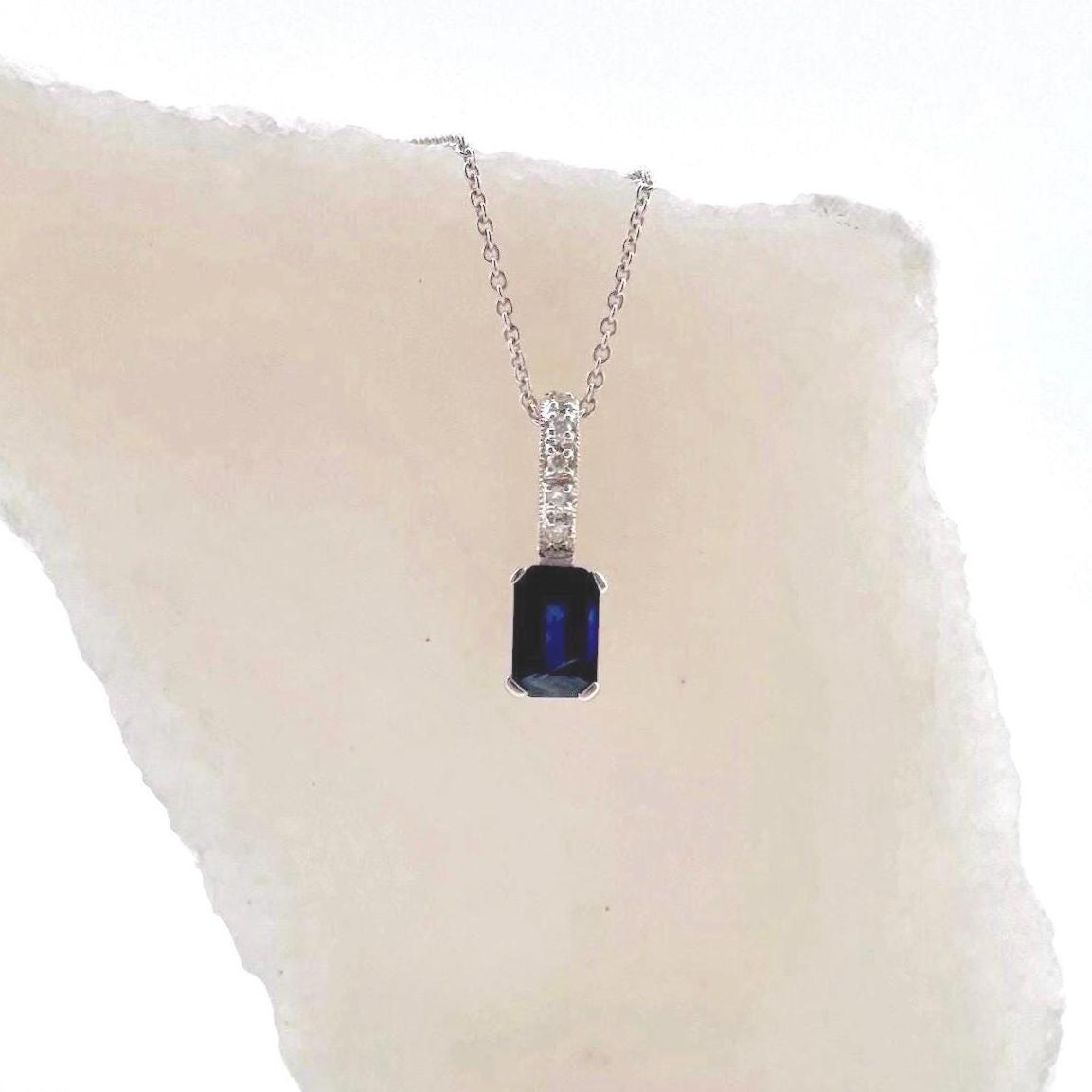 14k Solid White Gold, Natural Radiant Cut Sapphire and Diamond Pendant, September Birthstone, Gift for Her