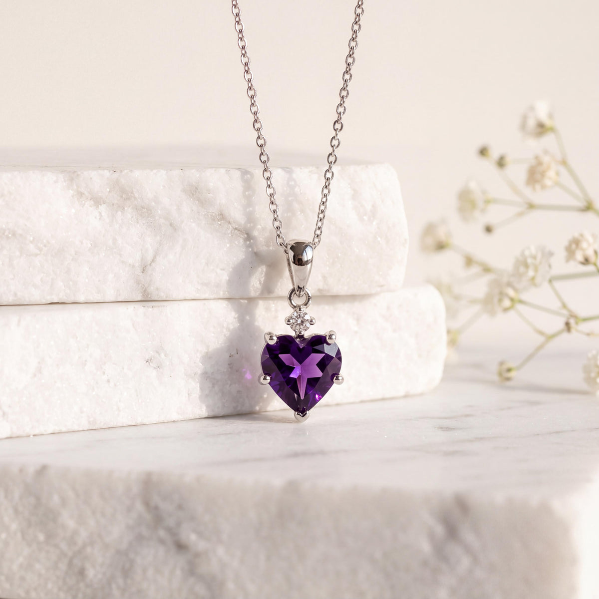 14k Solid Gold Amethyst Heart Pendant with Diamond, February Birthstone Gift
