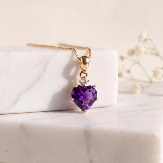 14k Solid Gold Amethyst Heart Pendant with Diamond, February Birthstone Gift