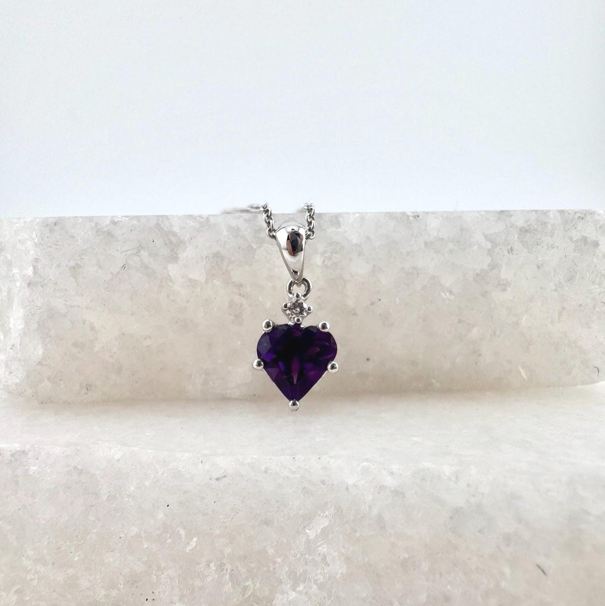 14k Solid Gold Amethyst Heart Pendant with Diamond, February Birthstone Gift