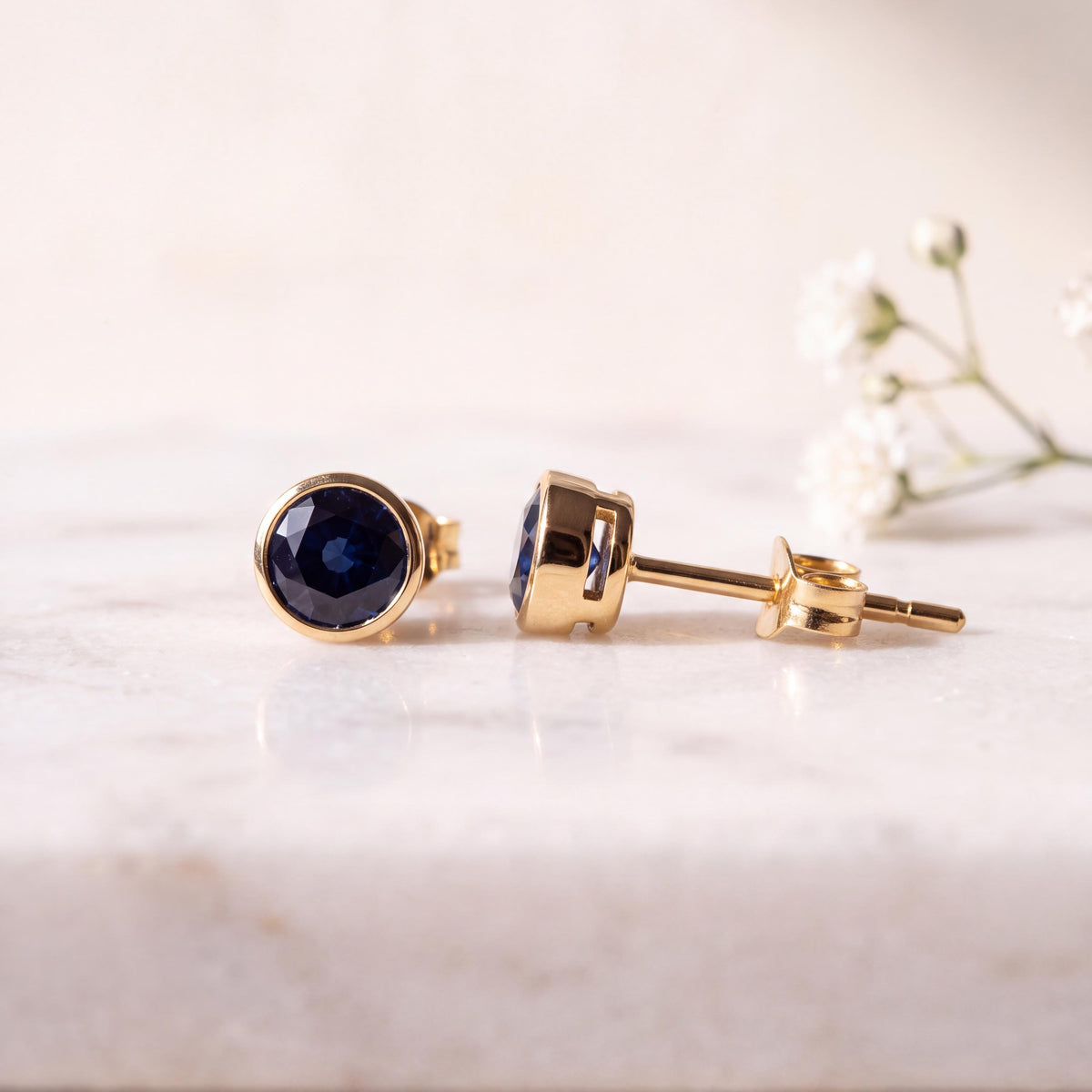 14k Solid Gold Round Sapphire Bezel Stud Earrings, 4.5mm, September Birthstone
