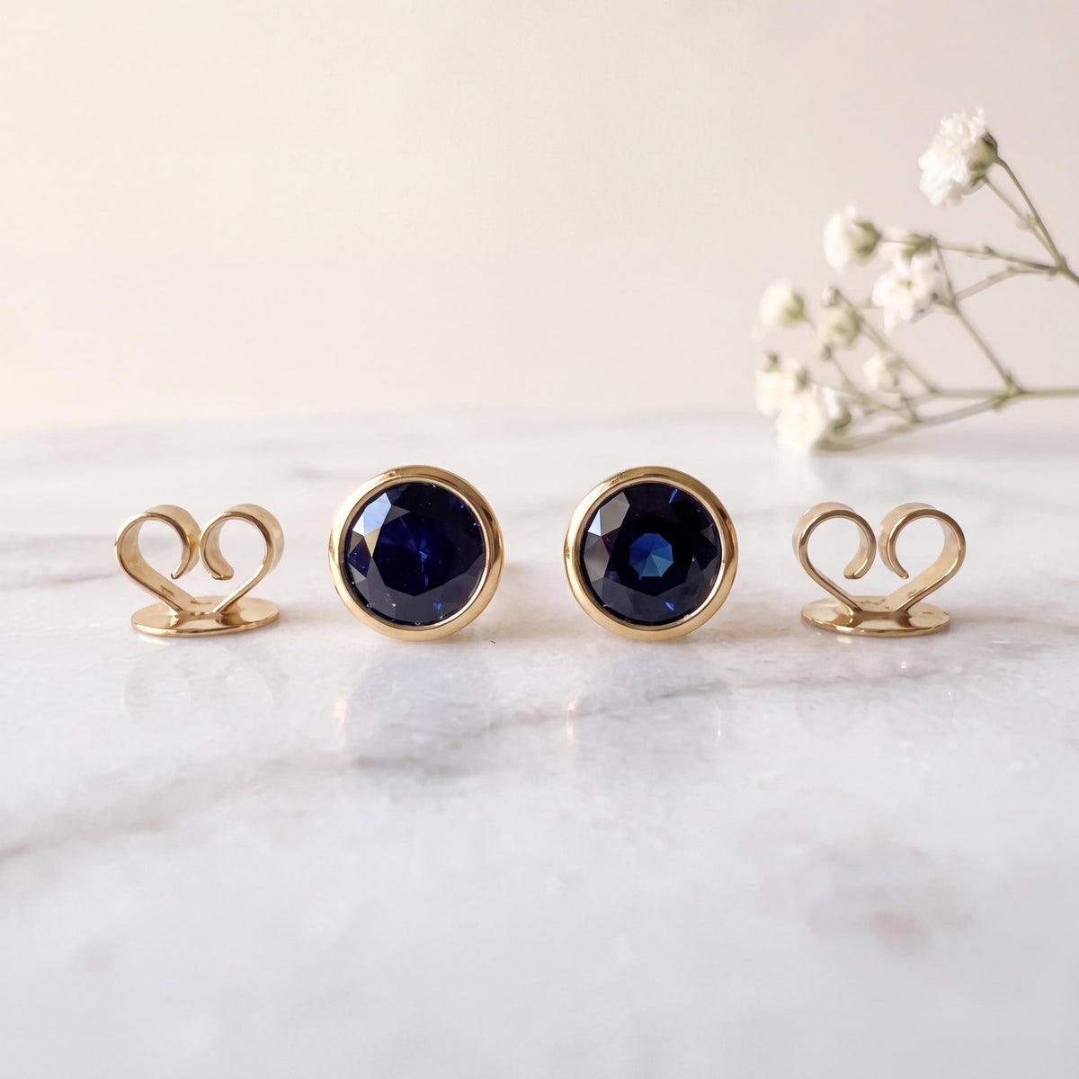 14k Solid Gold Round Sapphire Bezel Stud Earrings, 4.5mm, September Birthstone