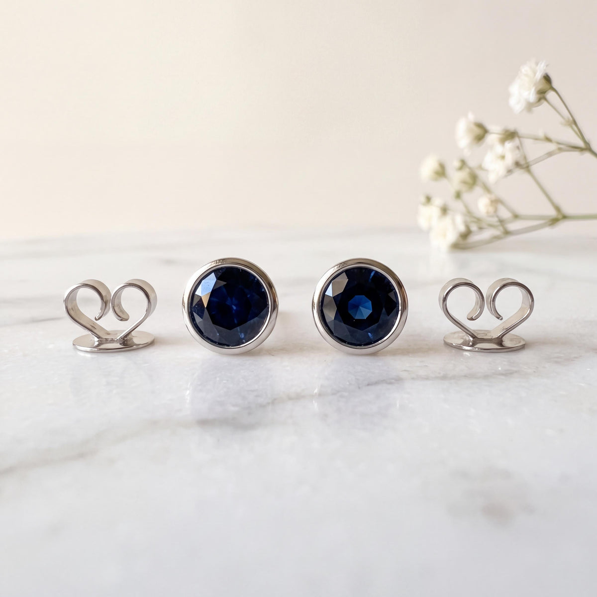 14k Solid Gold Round Sapphire Bezel Stud Earrings, 4.5mm, September Birthstone