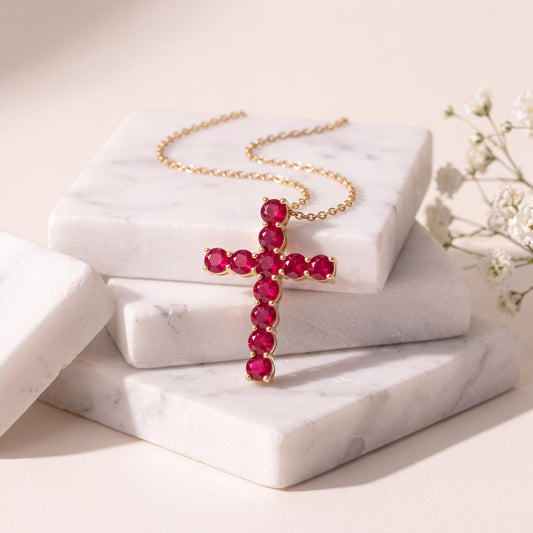 14k Solid Gold Ruby Cross Pendant, July Birthstone, Faith Jewelry