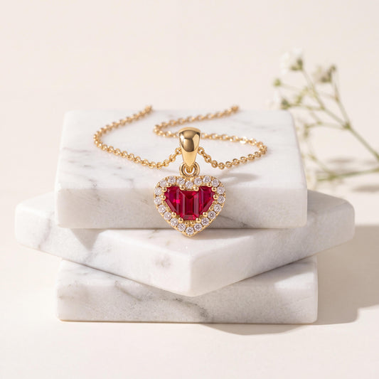 14k Gold Ruby Heart Pendant, Diamond Halo, July Birthstone Gift, Everyday Jewelry