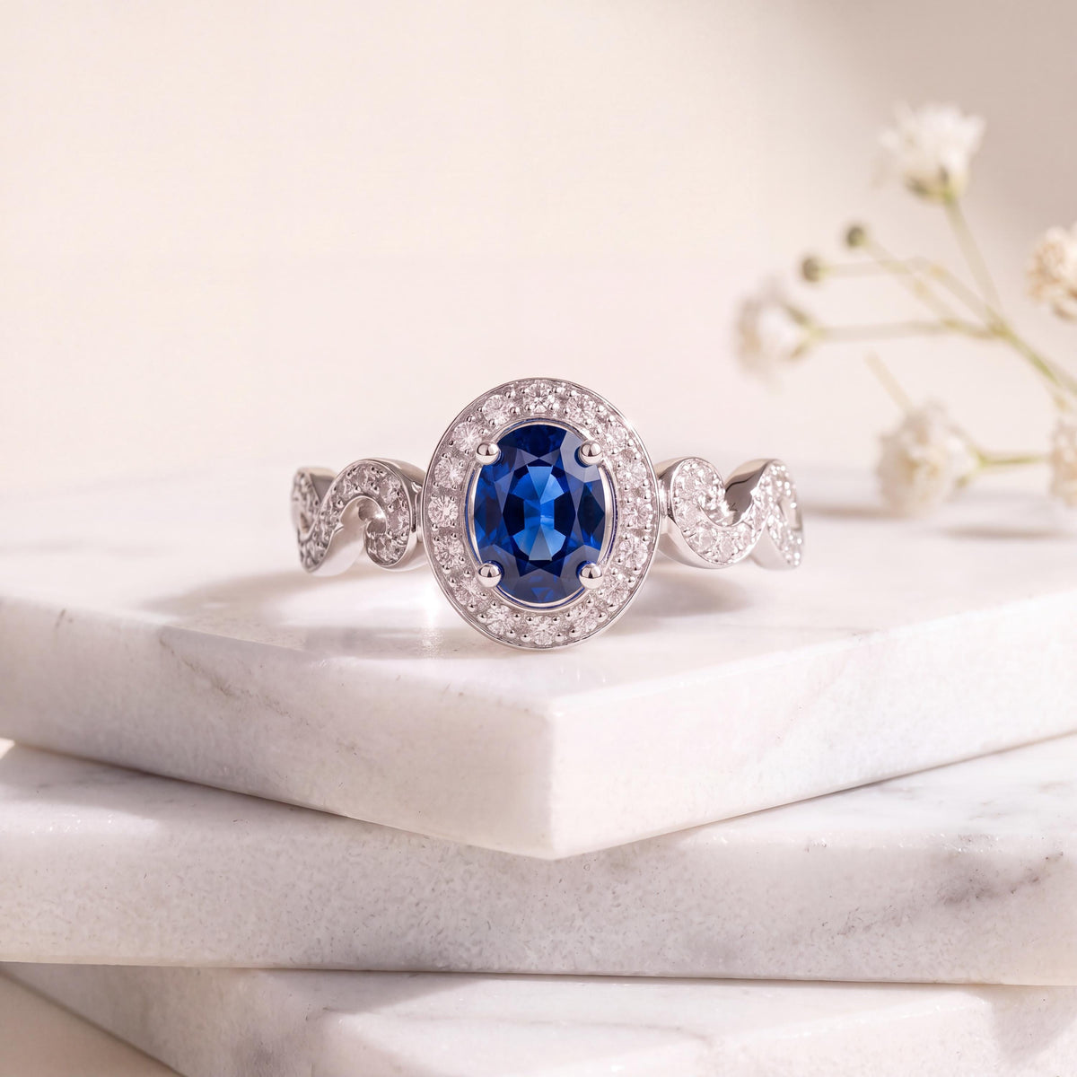 14k Solid White Gold Natural Oval Sapphire Swirl Diamond Halo Ring, September Birthstone