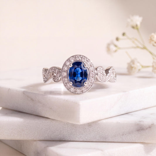 14k Solid White Gold Natural Oval Sapphire Swirl Diamond Halo Ring, September Birthstone