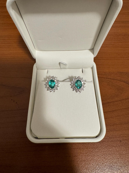 14k White Gold Oval Emerald Double Halo Earrings, May Birthstone, Solid Gold Jewelry