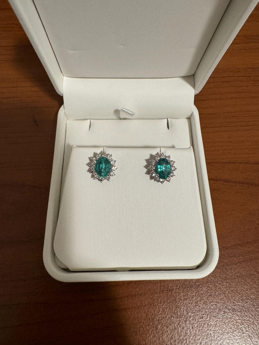 14k White Gold 2.43 ct Oval Emerald Halo Earrings, May Birthstone, Solid Gold Jewelry