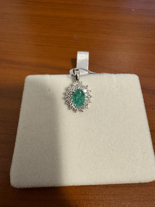 Genuine 0.78 ct Oval Emerald and Diamond Halo Pendant in 14k Solid White Gold