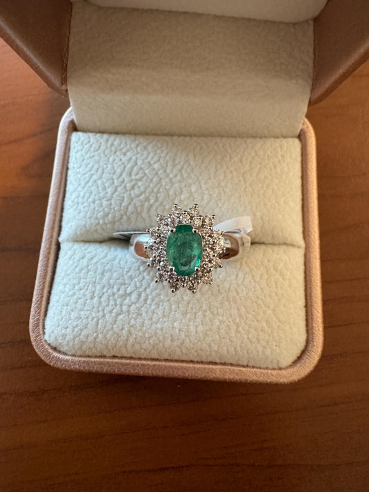 Genuine Emerald and Diamond Solaris Ring, 14k Solid White Gold, May Birthstone, Gift for Her