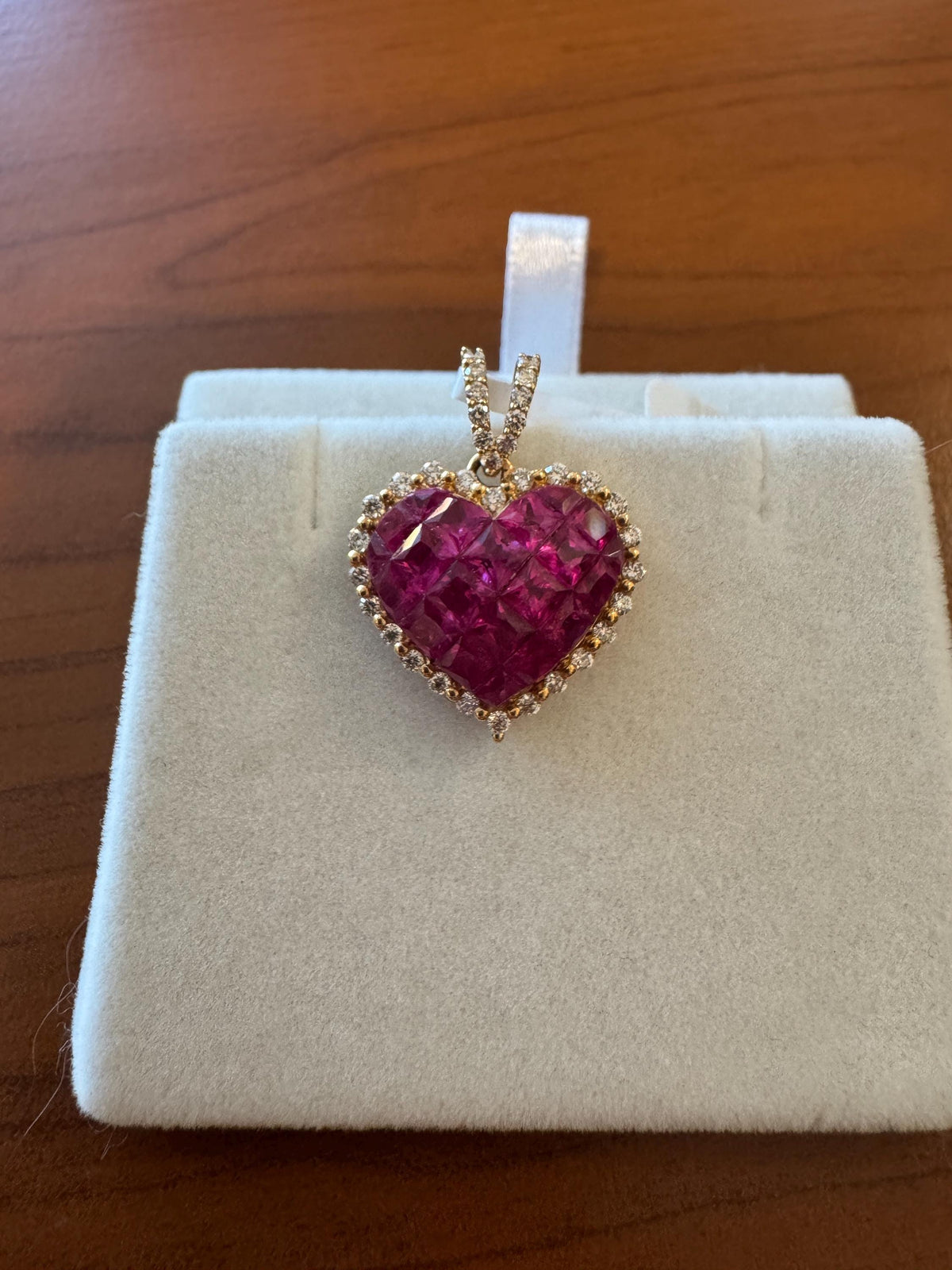Genuine Invisible Cut Ruby Heart Pavé Pendant, 18k Yellow Gold