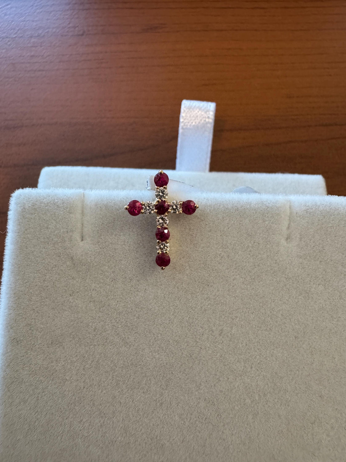 Genuine Ruby and Diamond Cross Pendant in 18k Solid Yellow Gold