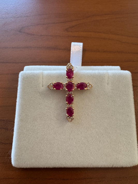 Genuine Ruby and Diamond Mega Cross Pendant in 18k Solid Yellow Gold