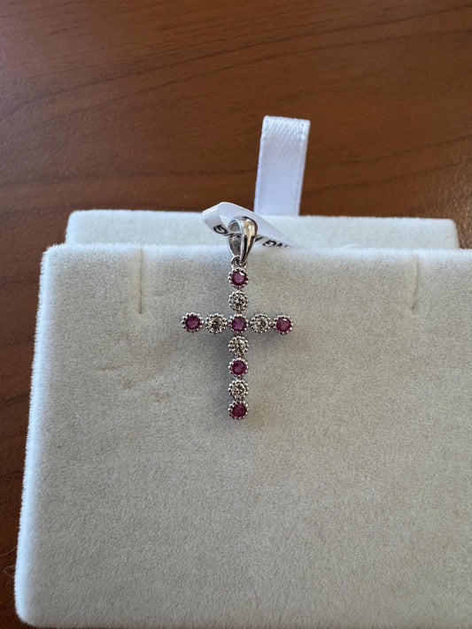 Genuine Ruby and Diamond Beaded Cross Pendant in 18k Solid White Gold