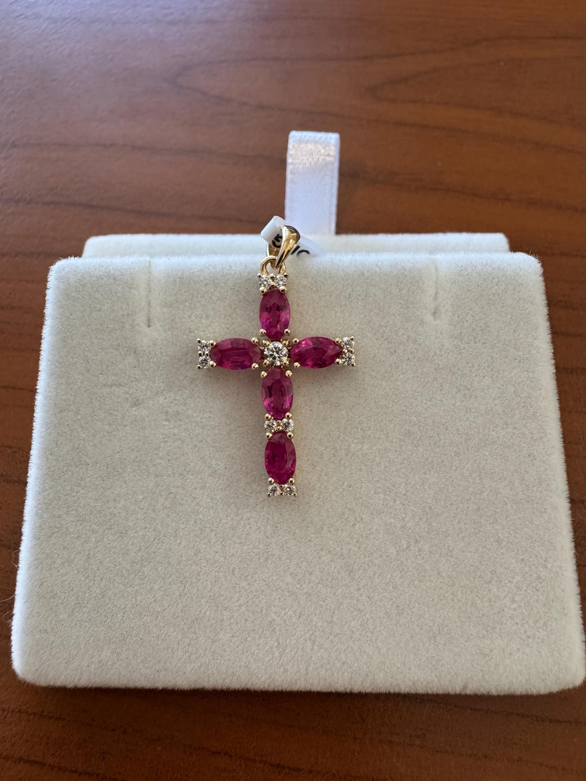 Genuine Oval Ruby and Diamond Mega Cross Pendant in 18k Solid Yellow Gold