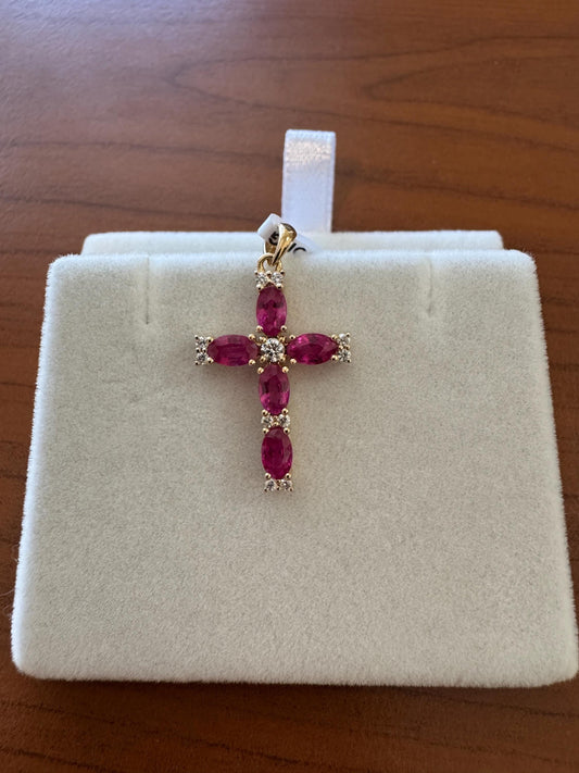 Genuine Oval Ruby and Diamond Mega Cross Pendant in 18k Solid Yellow Gold
