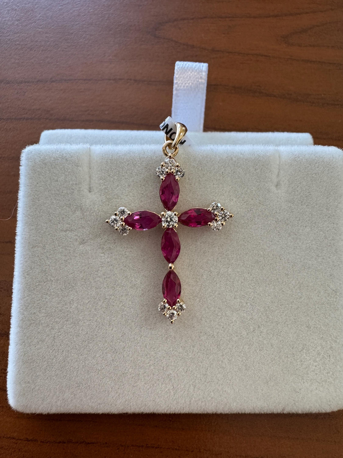 Genuine Oval Ruby and Diamond Mega Cross Pendant in 18k Solid Yellow Gold