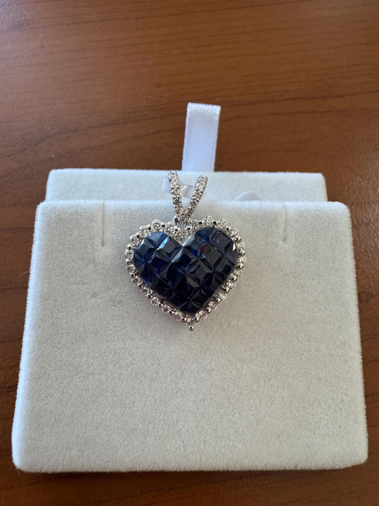 18k White Gold Sapphire Diamond Heart Pendant, September Birthstone Jewelry