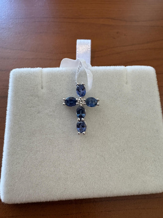 18k White Gold Sapphire and Diamond Oval Cross Pendant, September Birthstone Jewelry
