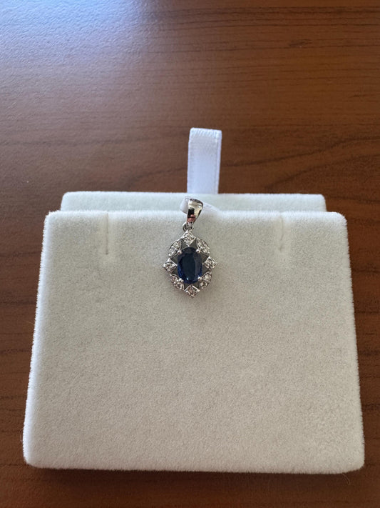 Genuine Oval Sapphire and Diamond Pendant in 18k Solid White Gold