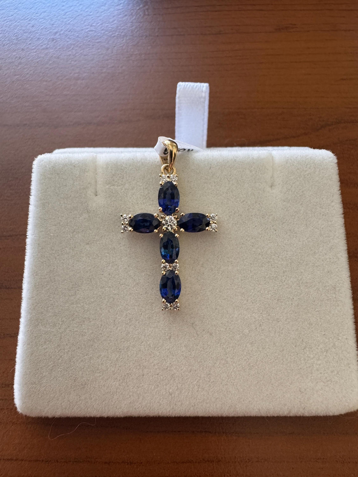 Genuine Oval Sapphire and Diamond Mega Cross Pendant in 18k Solid Yellow Gold