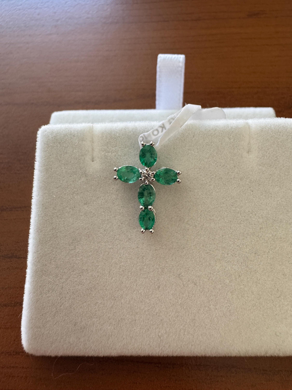 Genuine Emerald and Diamond Cross Pendant, 18k Solid White Gold, May Birthstone, Gift for Her