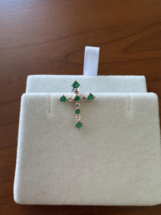 Genuine Emerald and Diamond Cross Pendant, 18k Solid Yellow Gold, May Birthstone, Gift for Her