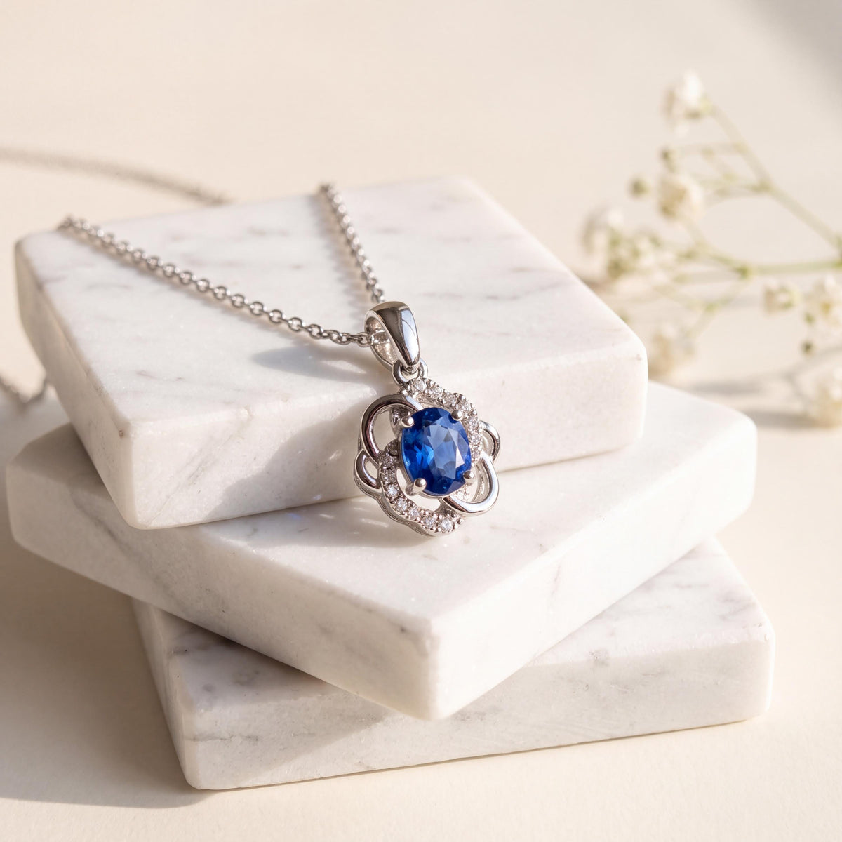 18k Solid White Gold Natural Oval Cut Sapphire and Diamond Blossom Pendant, September Birthstone, Gift for Her