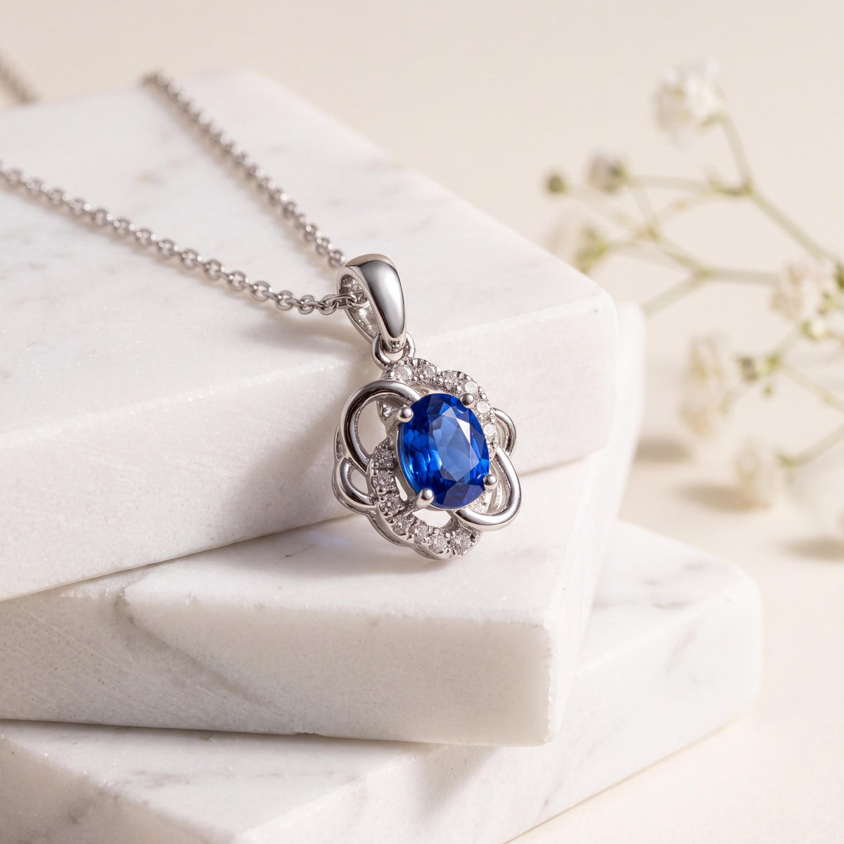 18k Solid White Gold Natural Oval Cut Sapphire and Diamond Blossom Pendant, September Birthstone, Gift for Her
