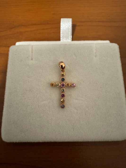 Genuine Beaded Rainbow Sapphire Cross Pendant in 18k Rose Gold