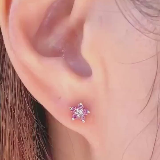 14k Solid Yellow Gold Dark Pink Sapphire Diamond Flower Stud Earrings, September Birthstone Gift