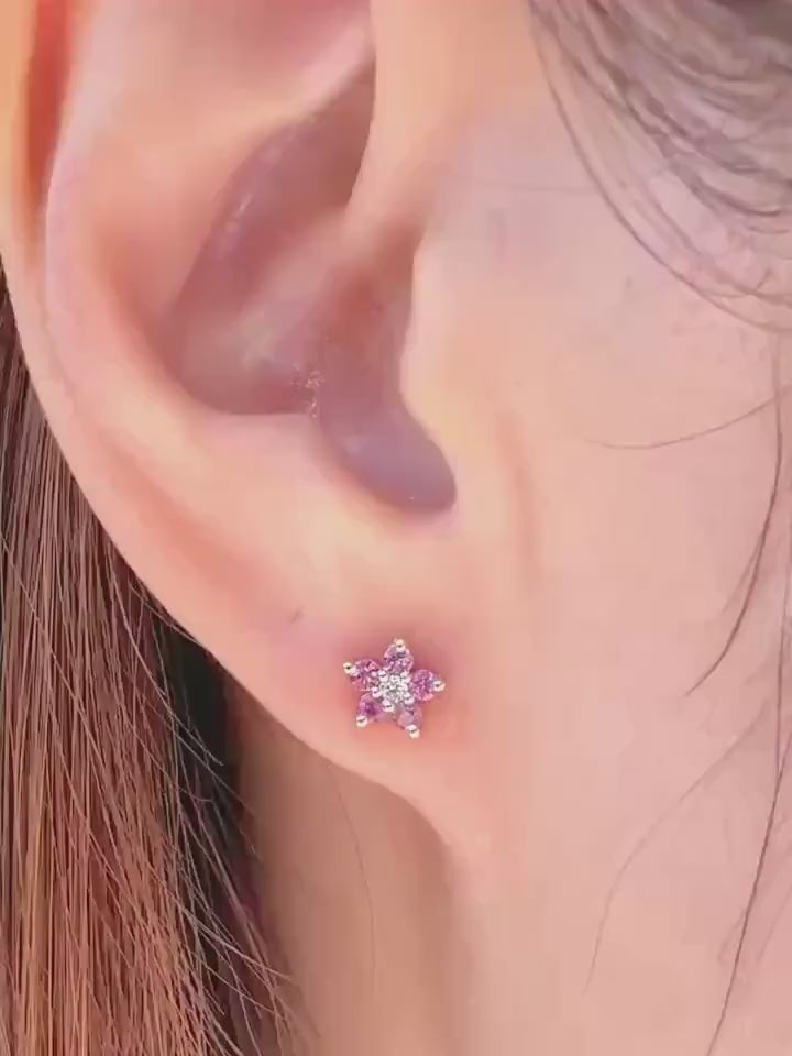 14k Solid Yellow Gold Dark Pink Sapphire Diamond Flower Stud Earrings, September Birthstone Gift