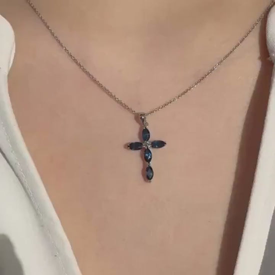 Genuine Oval Cut Sapphire Cross Pendant | 14k Solid Gold